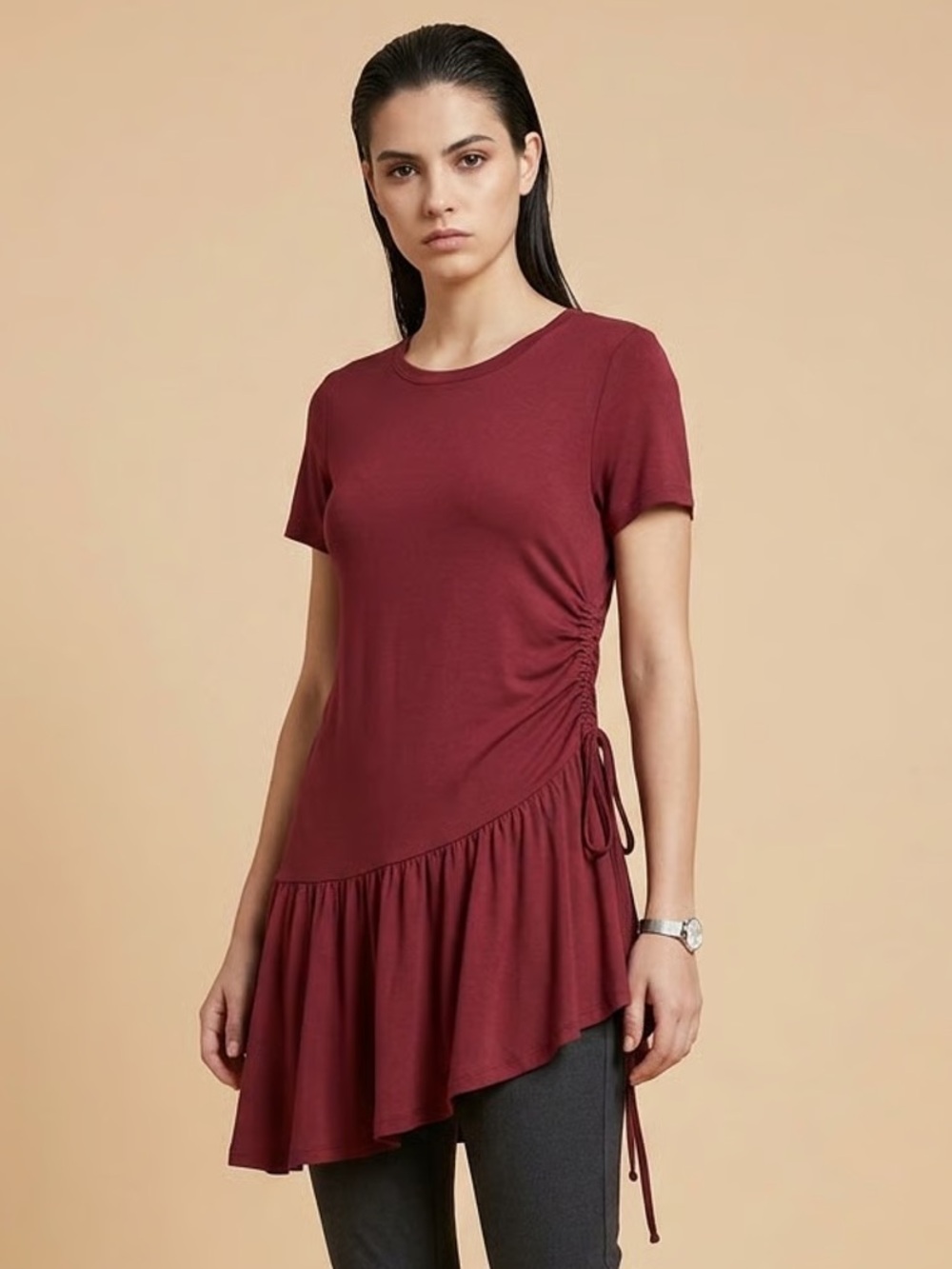 J.CREW | Burgundy Ruched Asymmetrical Hem Peplem Tee Sz XS